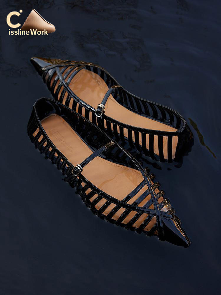 Cissline Wrok Women's Shoes Slippers Deconstruction Wings Light and Shadow Carving Hollow Pointed Mary Jane Toe Layer Leather Single Shoes