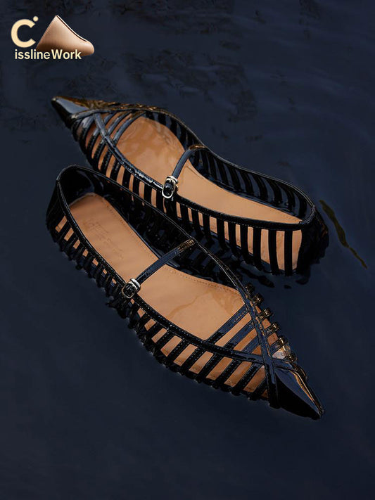 Cissline Wrok Women's Shoes Slippers Deconstruction Wings Light and Shadow Carving Hollow Pointed Mary Jane Toe Layer Leather Single Shoes