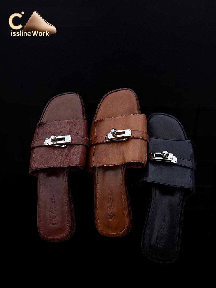Cissline Wrok Women's Shoes Italian imported heavy-duty washed horsehide fashionable one-piece buckle flat slippers