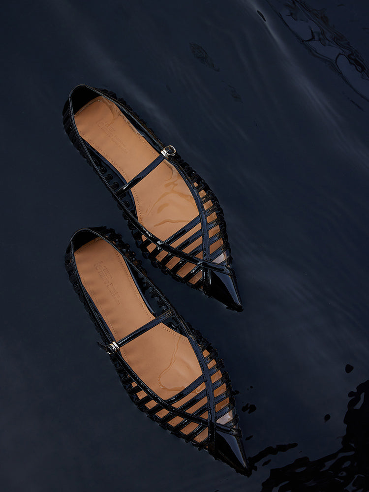 Cissline Wrok Women's Shoes Slippers Deconstruction Wings Light and Shadow Carving Hollow Pointed Mary Jane Toe Layer Leather Single Shoes