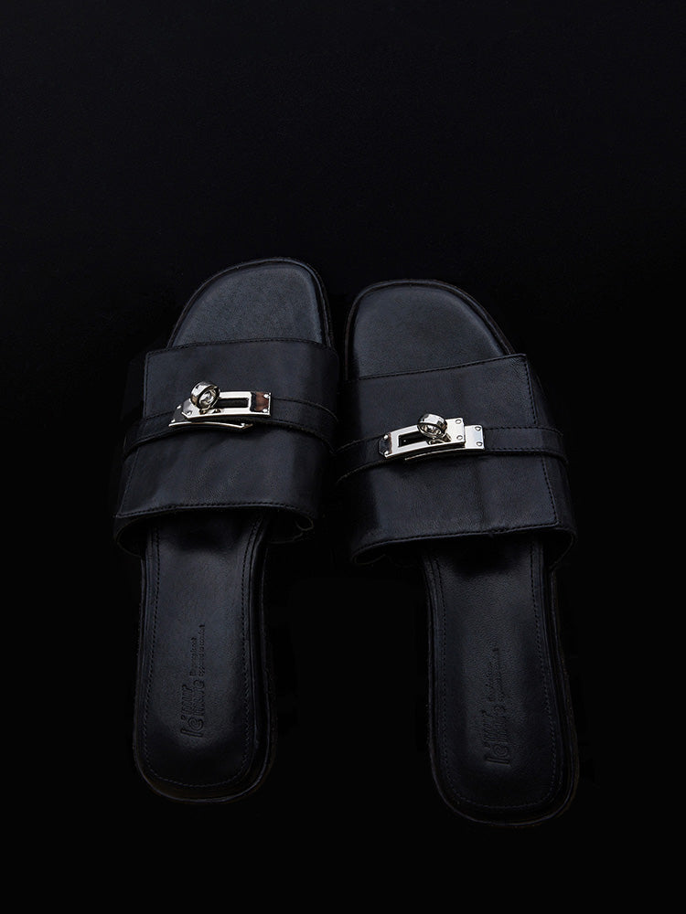 Cissline Wrok Women's Shoes Italian imported heavy-duty washed horsehide fashionable one-piece buckle flat slippers