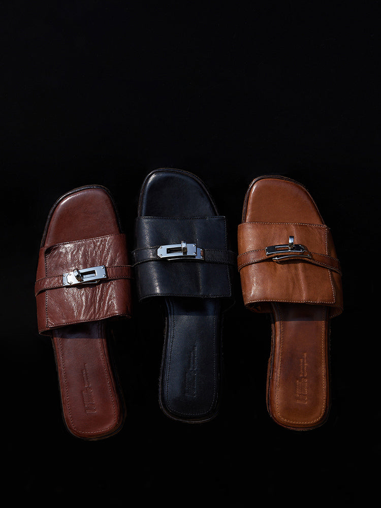 Cissline Wrok Women's Shoes Italian imported heavy-duty washed horsehide fashionable one-piece buckle flat slippers