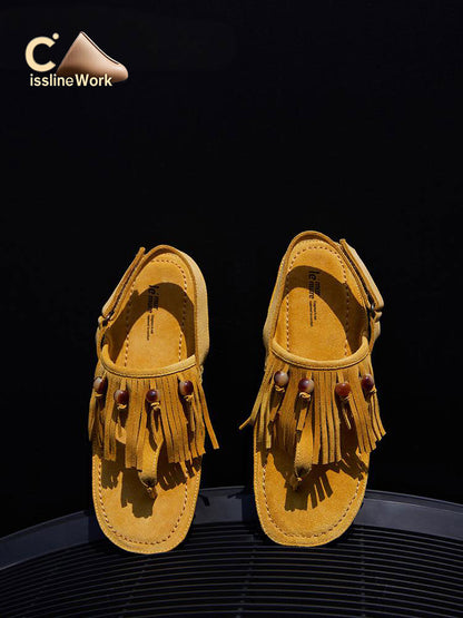 Cissline Wrok Women's Shoes [Urban Nomad] Tassel bead cow suede widened sole design clip toe sandals