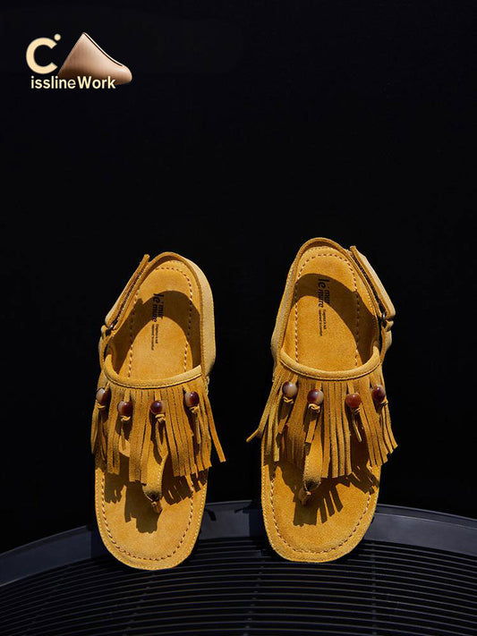 Cissline Wrok Women's Shoes [Urban Nomad] Tassel bead cow suede widened sole design clip toe sandals