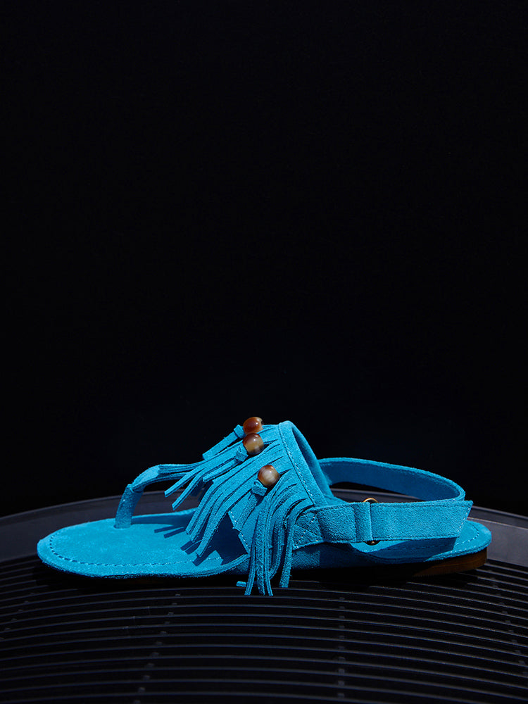 Cissline Wrok Women's Shoes [Urban Nomad] Tassel bead cow suede widened sole design clip toe sandals