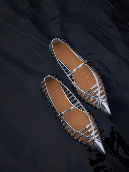Cissline Wrok Women's Shoes Slippers Deconstruction Wings Light and Shadow Carving Hollow Pointed Mary Jane Toe Layer Leather Single Shoes