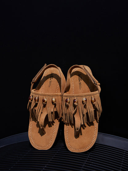 Cissline Wrok Women's Shoes [Urban Nomad] Tassel bead cow suede widened sole design clip toe sandals